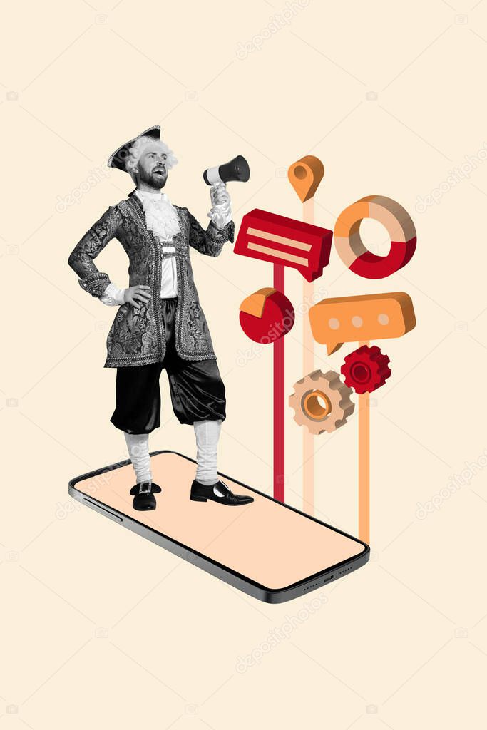 Art image vertical photo collage of happy businessman businesswoman stand phone screen device gearwheel optimization sms chance.