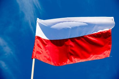 Mavi gökyüzü arka planında Polonya bayrağı
