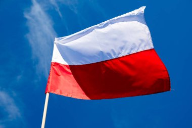 Mavi gökyüzü arka planında Polonya bayrağı