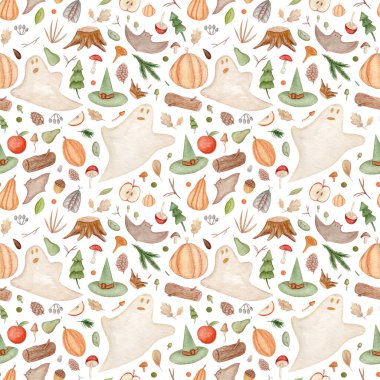 Cadılar bayramı elementleriyle suluboya deseni, balkabağı, iksir, mantar, yarasa. Kartlar, davetiyeler, kumaş ve diğer tasarım için elverişli.