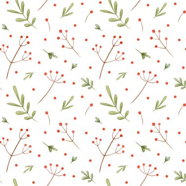 Kırmızı böğürtlenli ve yeşil yapraklı suluboya desenli beyaz arka planda. Tekstil tasarımı veya ambalaj kağıdı için el çizimi botanik arkaplan