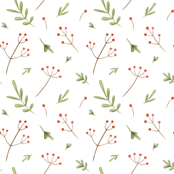 Watercolor Seamless Pattern Red Berry Green Leaves White Background Hand — Stock Photo, Image