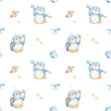 Tatlı Penguen, yıldızlar ve takımyıldızlı suluboya desenli. Çocuklar için Uzay Arkaplanı. Yazdırma, kumaşlar, duvar kağıtları, ambalaj için galaksi tasarımı.