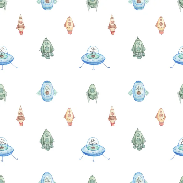 Akvarell Zökkenőmentes Minta Űrrakéták Fehér Háttér Textil Nyomdaipari Tapétázási Tér — Stock Fotó