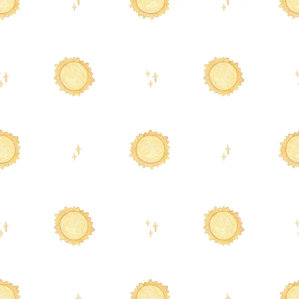 Wzór Bezszwowy Akwarela Ręcznie Rysowane Słońce Gwiazdy Przestrzeń Tła Dla — Zdjęcie stockowe