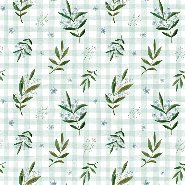Green Watercolor Branch Flowers Seamless Pattern Colorful Blue Checkered Background — Foto Stock