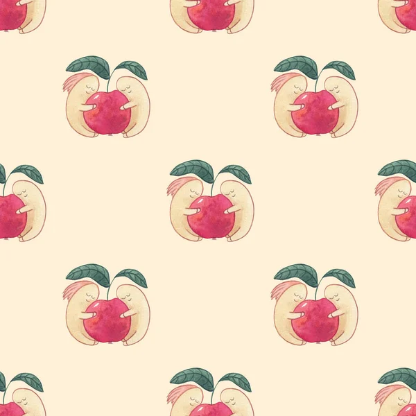 Robaki Czerwonym Jabłku Akwarela Bezszwowy Wzór Żółtym Tle Ilustracja Robakami — Zdjęcie stockowe