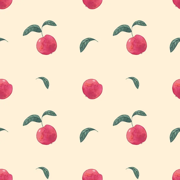 Röda Äpplen Akvarell Sömlös Mönster Gul Bakgrund Illustration Med Frukt — Stockfoto