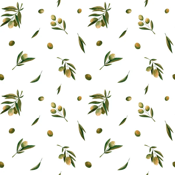 Green Watercolor Olive Branch Seamless Pattern White Background Design Fabrics — Foto Stock