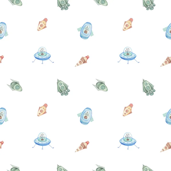 Akvarell Zökkenőmentes Minta Űrrakéták Fehér Háttér Textil Nyomdaipari Tapétázási Tér — Stock Fotó