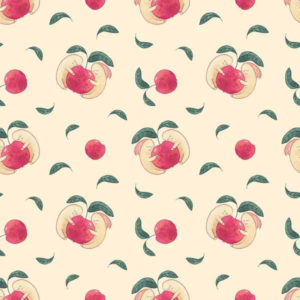 Worms Red Apple Watercolor Seamless Pattern Yellow Background Illustration Worms — Stock Photo, Image