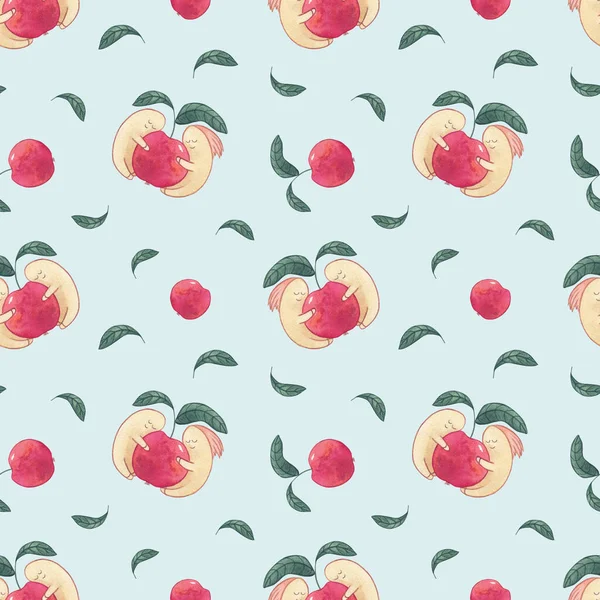 Worms Red Apple Watercolor Seamless Pattern Blue Background Illustration Worms — 图库照片