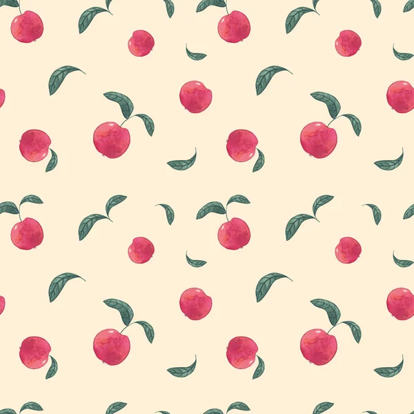 Röda Äpplen Akvarell Sömlös Mönster Gul Bakgrund Illustration Med Frukt — Stockfoto