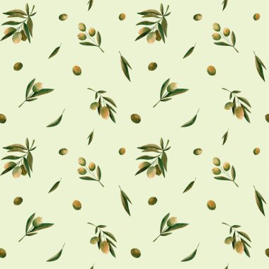 Green watercolor olive branch seamless pattern on green background. Design for fabrics, sketchbooks, labels, tags etc.