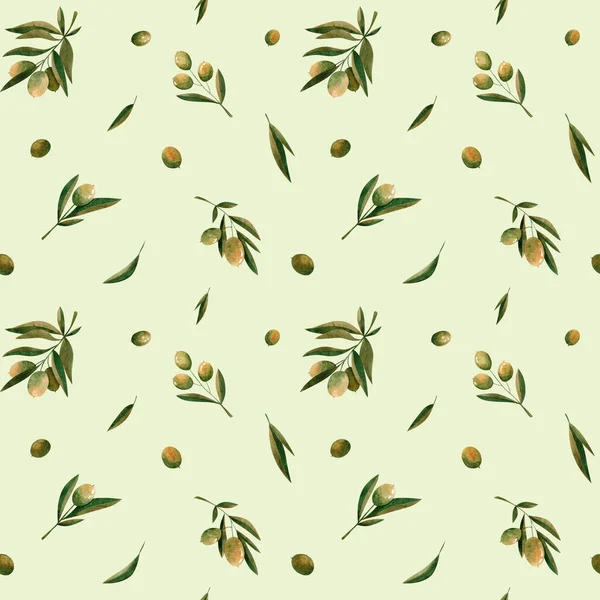 Green Watercolor Olive Branch Seamless Pattern Green Background Design Fabrics — Fotografia de Stock