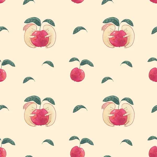 黄色の背景に赤いリンゴの水彩のシームレスなパターンにワーム 印刷可能な製品を設計するためのワームとイラスト — ストック写真