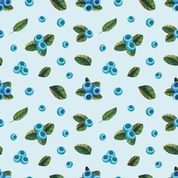 Padrão Aquarela Sem Costura Com Mirtilo Folhas Fundo Azul Botânica — Fotografia de Stock