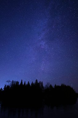 A night scene of a star filled sky and a faint glow of the Milky Way over a calm fresh water lake