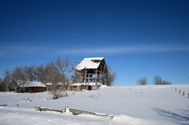 Terk edilmiş bir ahırın kışın kırsal manzarası. Parlak mavi bir kış gökyüzünün altında karla kaplı bir arazide.
