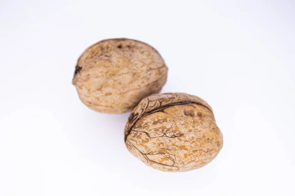 Horní Pohled Vlašské Ořechy Izolované Bílém Pozadí Dva Sušené Vlašské — Stock fotografie