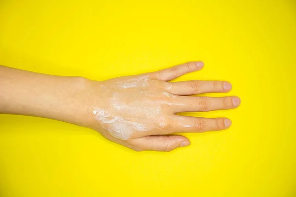 Moisturizer Cream Woman Hand Skin Care Concept Isolated Yellow Background — Stock Photo, Image
