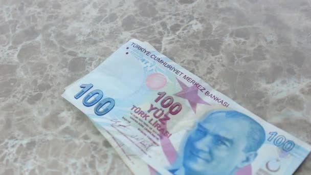 Jemand Der Die Türkische Lira Zählt Nahaufnahme Der Türkischen Papierwährung — Stockvideo