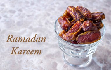 Ramadan Kareem. Date fruits. Ramadan background photo with copy space. Holy month for Muslims.