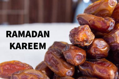 Ramadan Kareem. Date fruits. Ramadan background photo with copy space. Holy month for Muslims.