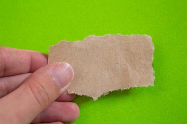 Hand holding torn paper on green background