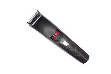 Black shaving machine isolated on white background. Top view of trimmer.