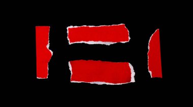 Red torn paper pieces isolated on black background. Ripped papers.
