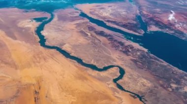 Aerial view of Nile River, Red Sea and Mediterranean Sea. Egypt, Saudi Arabia, Israel and Jordan as seen from space. Satellite view. Elements of this video furnished by NASA.