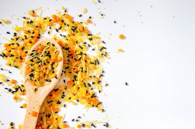Various dried foods isolated on white background. Top view of legumes with copy space. High protein foods. Flat lay.