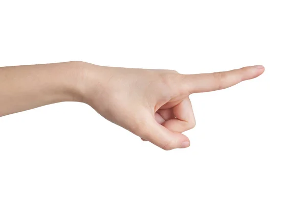 Eine Weibliche Hand Zeigt Mit Dem Zeigefinger Auf Etwas Isoliert — Stockfoto
