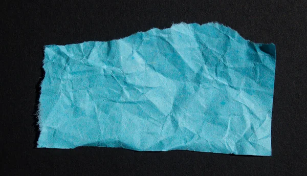 Crumpled Blue Paper Piece Isolated Black Background Wrinkled Paper Sheet — Stock fotografie