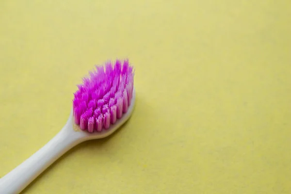 Used Old Purple Toothbrush Isolated Yellow Background Top View Copy — Stock Photo, Image