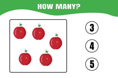 Kaç tane var? Çocuklar için eğitici matematik oyunu. Anaokulu ya da ilkokul çocukları için basılabilir çalışma tablosu tasarımı.