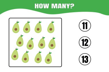 Kaç tane var? Çocuklar için eğitici matematik oyunu. Anaokulu ya da ilkokul çocukları için basılabilir çalışma tablosu tasarımı.