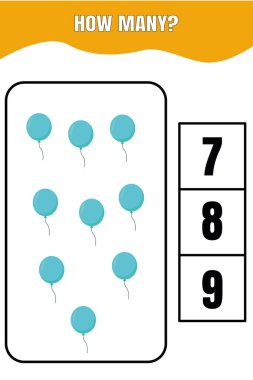 Kaç tane var? Çocuklar için eğitici matematik oyunu. Anaokulu ya da ilkokul çocukları için basılabilir çalışma tablosu tasarımı.