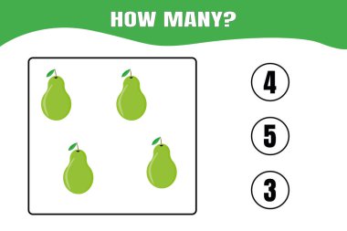 Kaç tane var? Çocuklar için eğitici matematik oyunu. Anaokulu ya da ilkokul çocukları için basılabilir çalışma tablosu tasarımı.