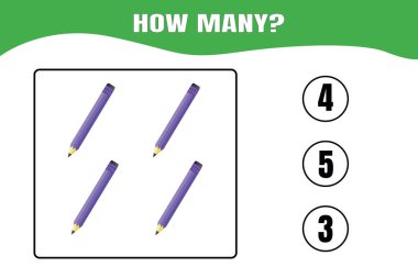 Kaç tane var? Çocuklar için eğitici matematik oyunu. Anaokulu ya da ilkokul çocukları için basılabilir çalışma tablosu tasarımı.