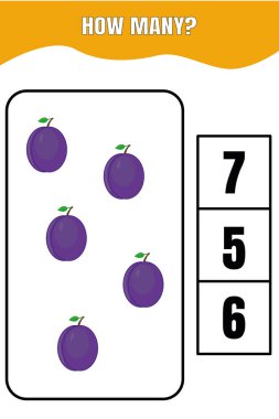 Kaç tane var? Çocuklar için eğitici matematik oyunu. Anaokulu ya da ilkokul çocukları için basılabilir çalışma tablosu tasarımı.