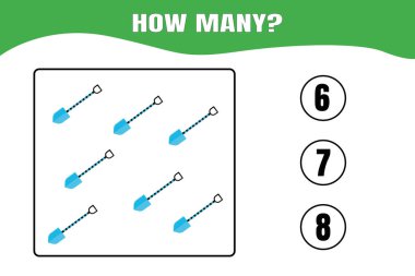 Kaç tane var? Çocuklar için eğitici matematik oyunu. Anaokulu ya da ilkokul çocukları için basılabilir çalışma tablosu tasarımı.
