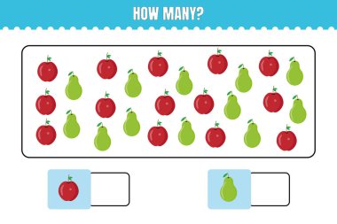 Kaç tane var? Çocuklar için eğitici matematik oyunu. Anaokulu ya da ilkokul çocukları için basılabilir çalışma tablosu tasarımı.