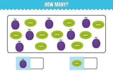 Kaç tane var? Çocuklar için eğitici matematik oyunu. Anaokulu ya da ilkokul çocukları için basılabilir çalışma tablosu tasarımı.