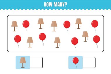 Kaç tane var? Çocuklar için eğitici matematik oyunu. Anaokulu ya da ilkokul çocukları için basılabilir çalışma tablosu tasarımı.