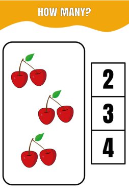 Kaç tane var? Çocuklar için eğitici matematik oyunu. Anaokulu, anaokulu ya da ilkokul çocukları için basılabilir çalışma kâğıdı tasarımı.