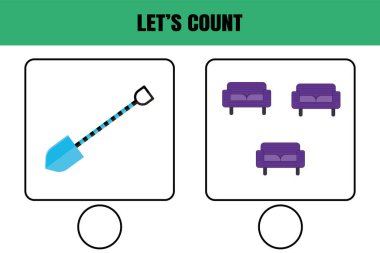 Sayalım. Çocuklar için eğitici matematik oyunu. Anaokulu, anaokulu ya da ilkokul öğrencileri için basılabilir çalışma tablosu tasarımı.