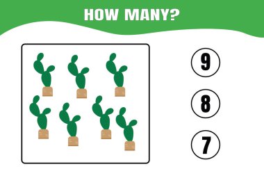 Kaç tane var? Çocuklar için eğitici matematik oyunu. Anaokulu, anaokulu ya da ilkokul çocukları için basılabilir çalışma kâğıdı tasarımı.