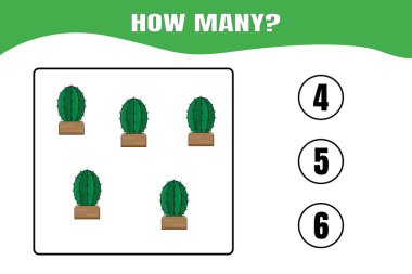 Kaç tane var? Çocuklar için eğitici matematik oyunu. Anaokulu, anaokulu ya da ilkokul çocukları için basılabilir çalışma kâğıdı tasarımı.